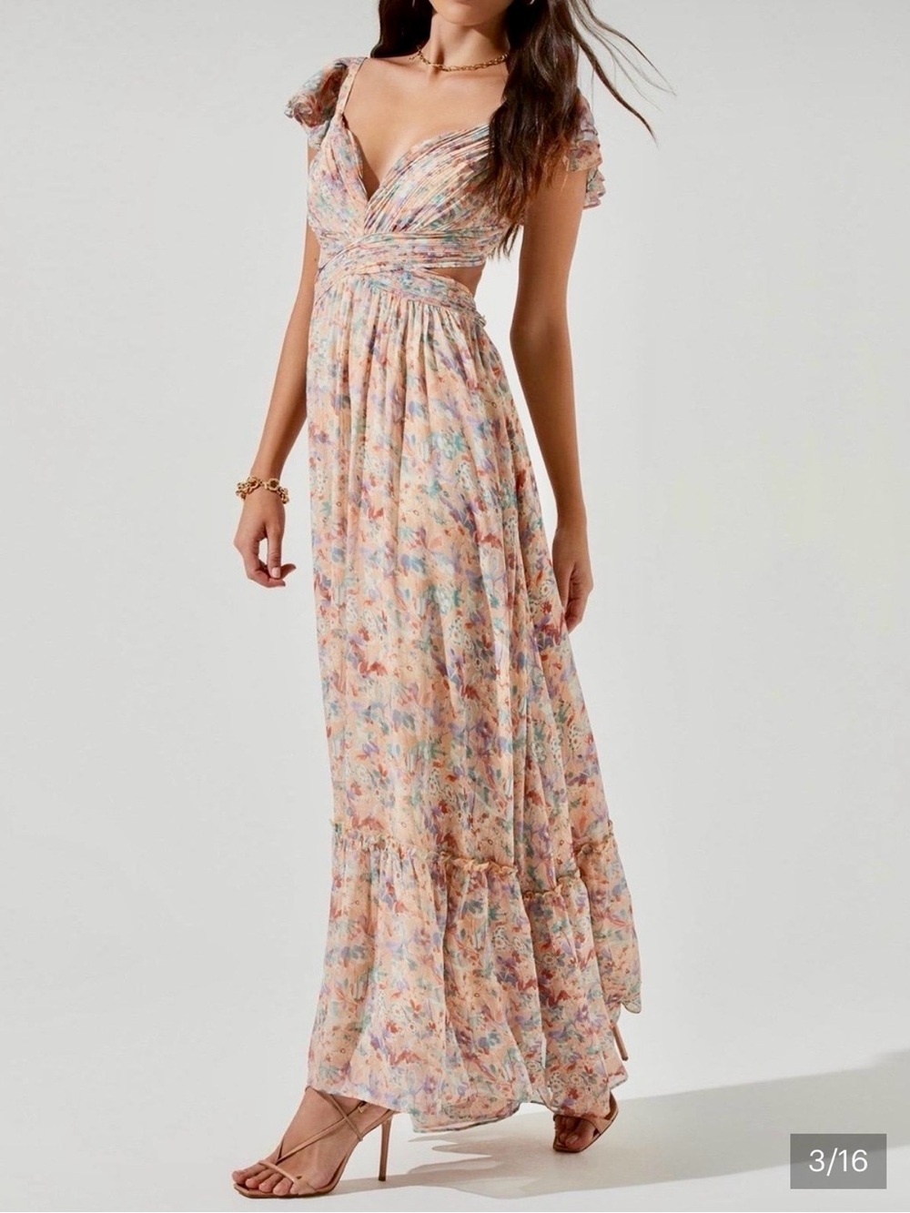 Astr Pastel Peach Floral Maxi Dress with V-Neck
